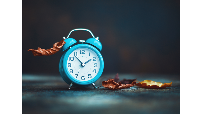 Time for Fall. Alarm clock with leaves. Daylight Savings Time.