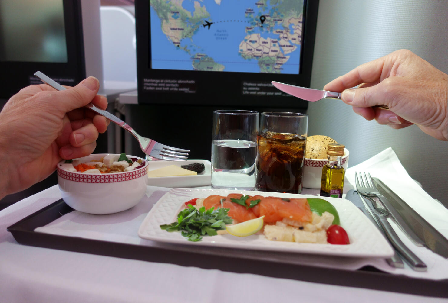 Business class meal on airplane