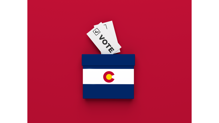 Colorado election vote box on red color background.