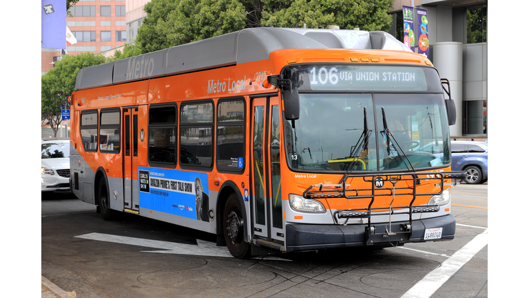 Los Angeles Metro bus line 106 (Local Orange Livery) running at Downtown Los Angeles