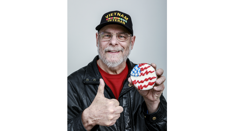 Thumbs Up US Vietnam War Veteran Holding USA Flag Icing Cookie