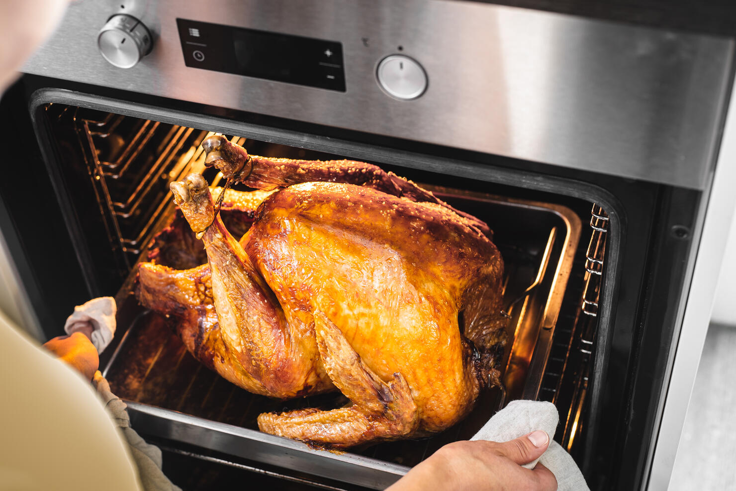 Female preparing traditional Turkey for Thanksgiving dinner in oven