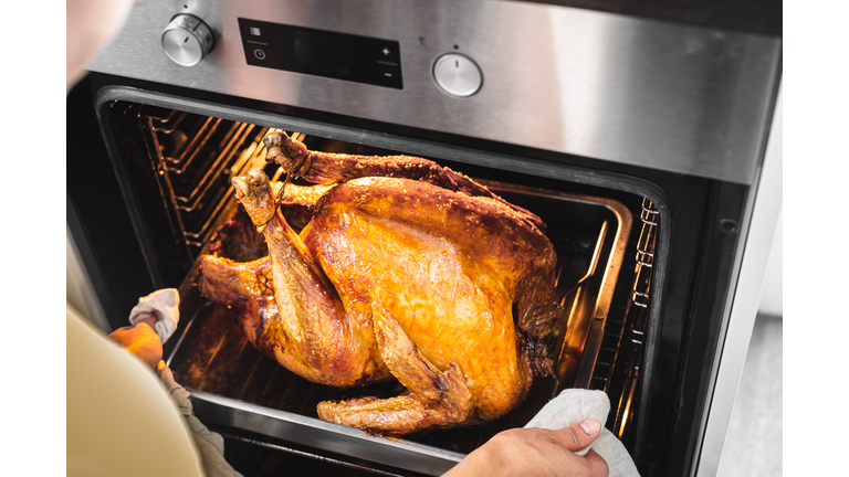 Female preparing traditional Turkey for Thanksgiving dinner in oven