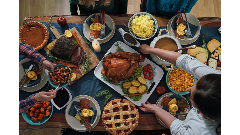 Stuffed Turkey for Thanksgiving Holidays with Pumpkin, Peas, Pecan, Berry Pie, Cheese Variations and Other Ingredient