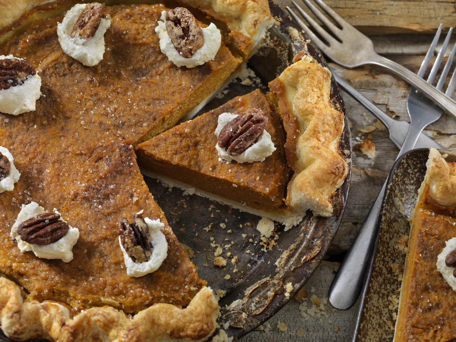 Pumpkin Pie with Candied Pecans and Whip Cream