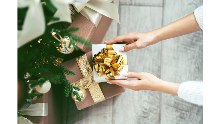 Soft woman hands putting gift box under the Christmas tree