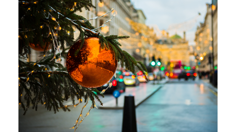 Bauble and Christmas Tree Decorations in a London City Street