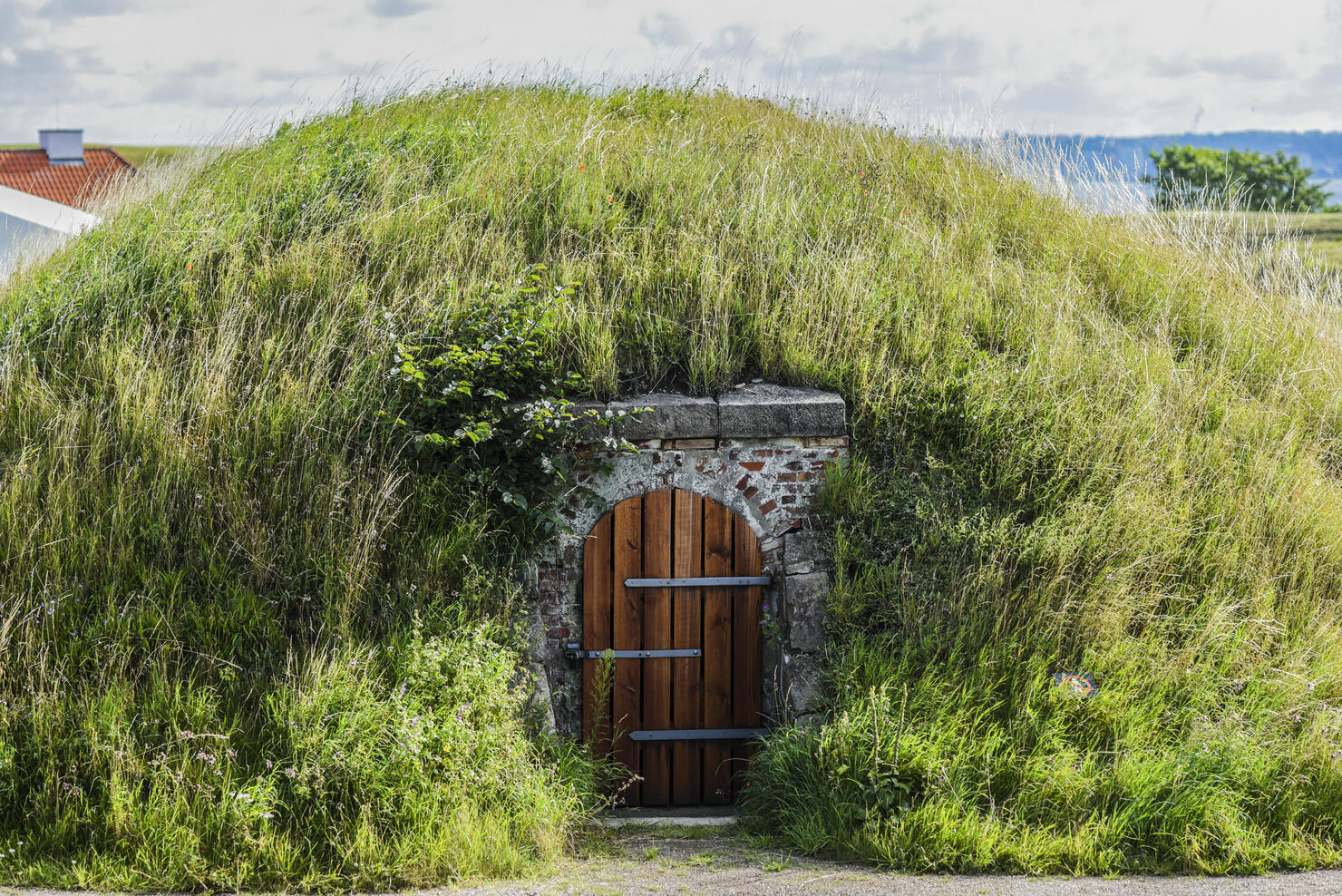 A hut in the ground under the grass in Denmark.