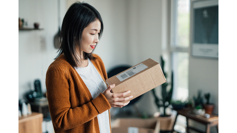 Cheerful Young Woman Receiving A Parcel At Home