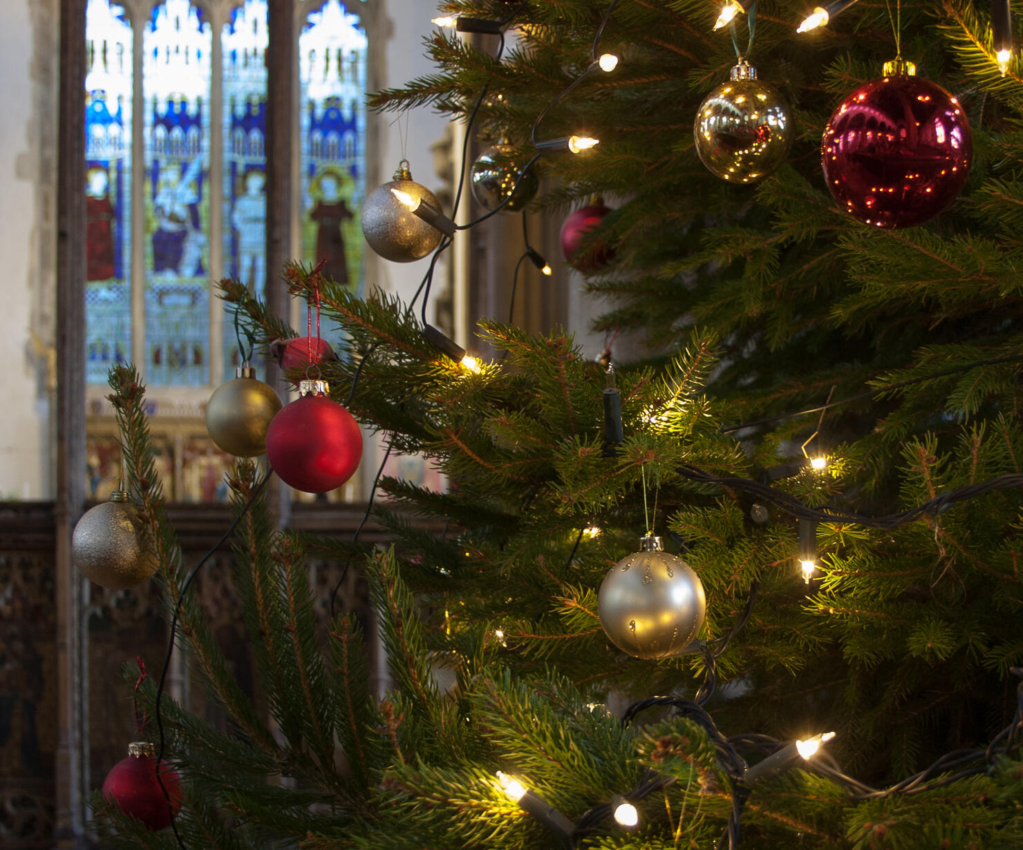 Decorated Christmas tree in an English church