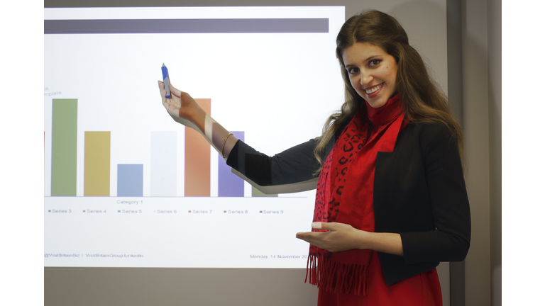 Female presenter of Powerpoint business presentation with histogram graph