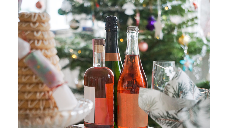 Close-Up Of Wine Bottles On Table