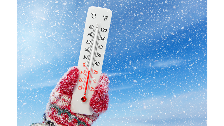 White celsius and fahrenheit scale thermometer in hand. Ambient temperature minus 4 degrees celsius