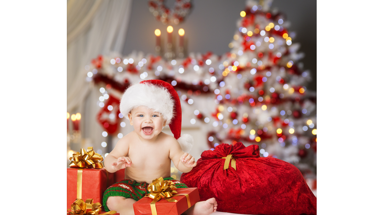 Christmas Baby Santa Hat, Kid Boy, Present Gift and Bag