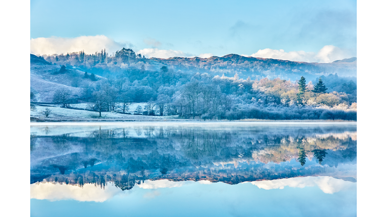Snowy landscape of trees and hills in the background reflected in the river.