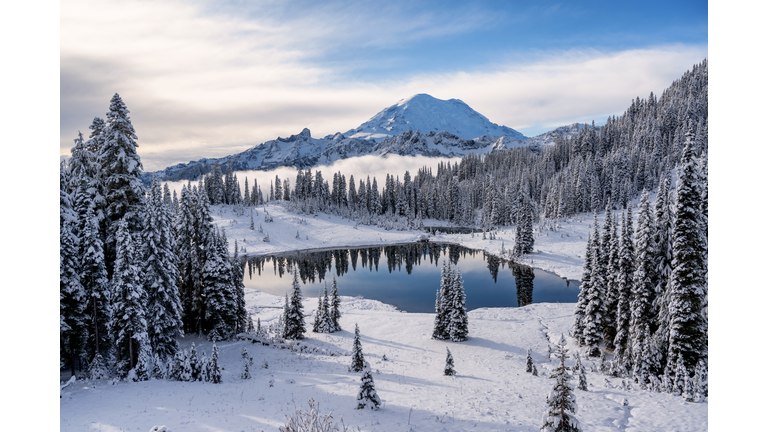 Snow covered landscape surrounding a small square lake in the center with Mount Ranier rising proudly in the background.