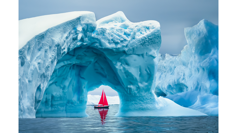 Red sailboat sailing under a majestic iceberg arch