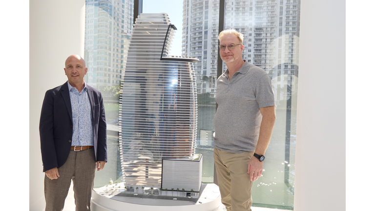 German Coto, CEO of G&G Business Developments, and Marek Reichman, EVP and Chief Creative Officer from Aston Martin, celebrate the Topping-out of Aston Martin Residences in Miami