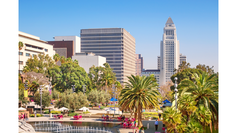 Grand Park and the City Hall in Los Angeles City California