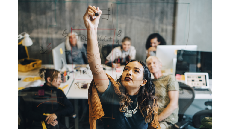 Businesswoman explaining strategy to colleagues while writing on glass at IT company