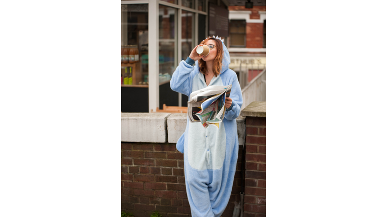 Young woman drinking cappuccino in a onesie