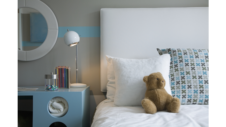 Blue Desk Beside Bed in Children's Room