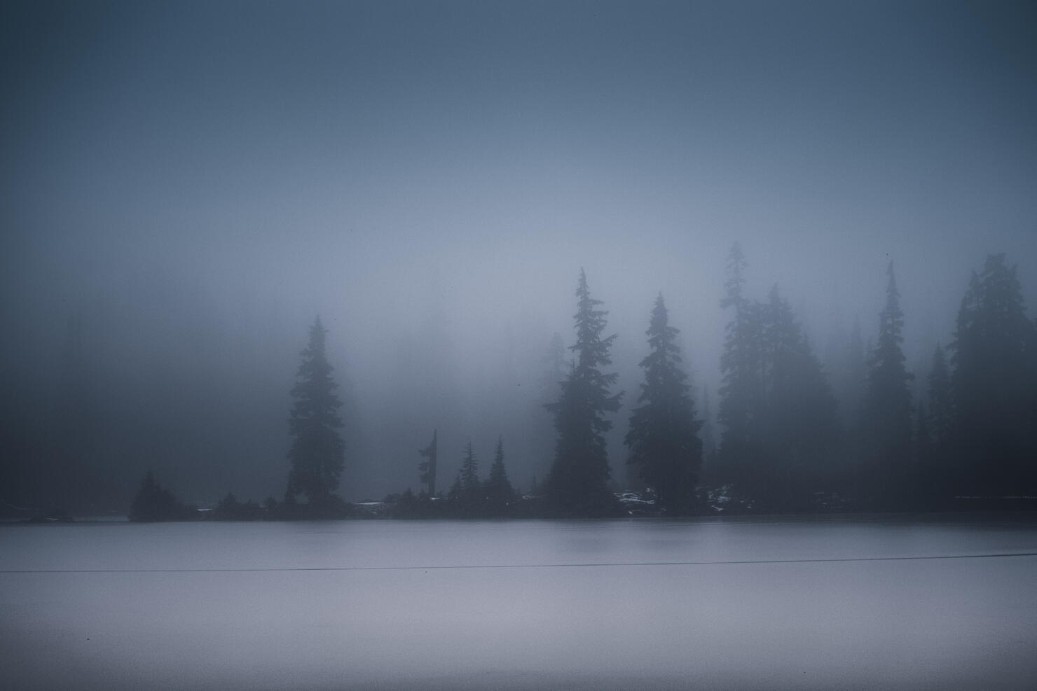 Dark and moody snowstorm at Kwai Lake in Strathcona Provincial Park