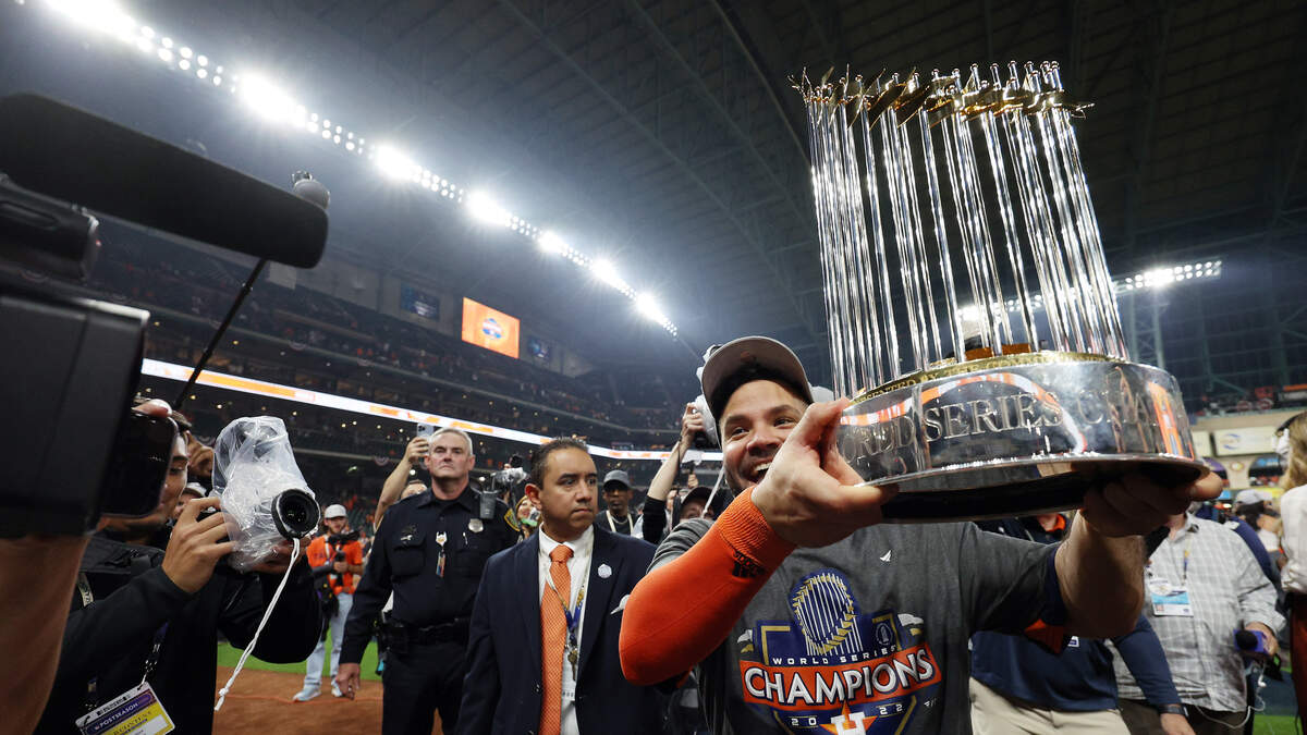 Houston Astros World Series trophy photo op at Minute Maid Park as