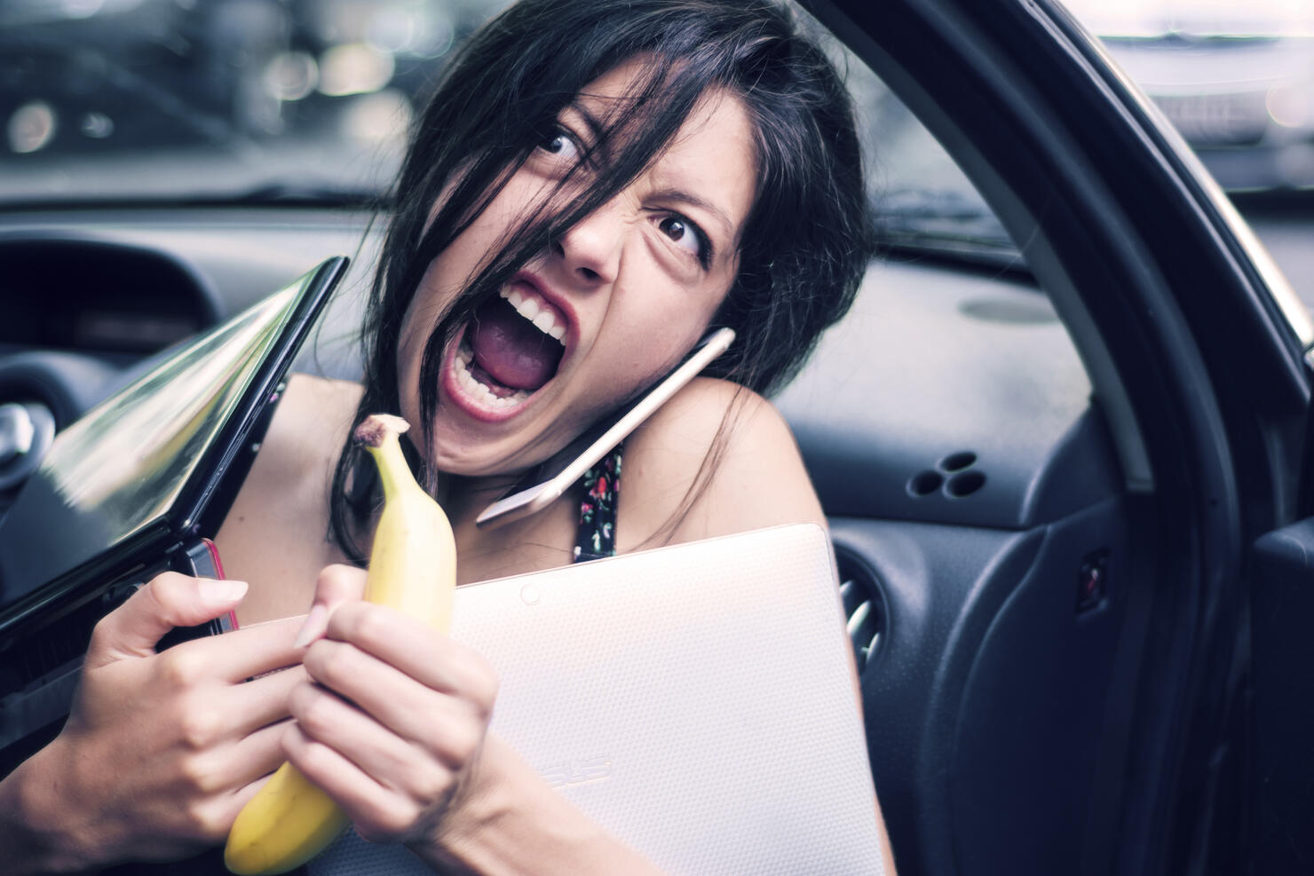 Busy and angry young woman