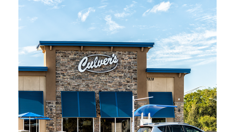 Sign on building for Culver's chain restaurant for casual fast food serving butter burgers and frozen custard
