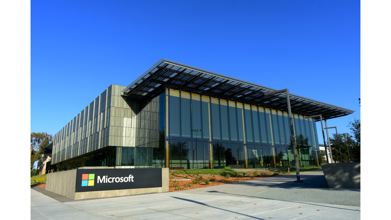 Microsoft sign and logo with four color squares at the office building