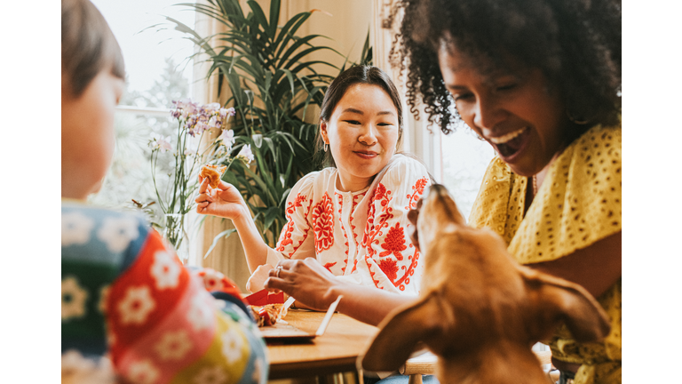 A woman looks amused as a friend gives in and gives a mischievous dog a little bit of pizza from the table