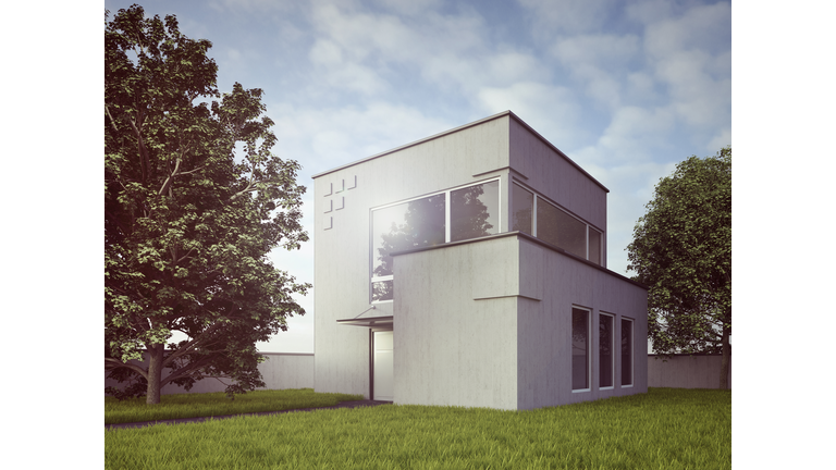 View to modern detached one-family house, 3D Rendering