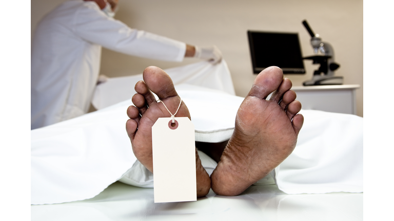 Mortician, coroner covering dead body in morgue. Feet, toe tag.