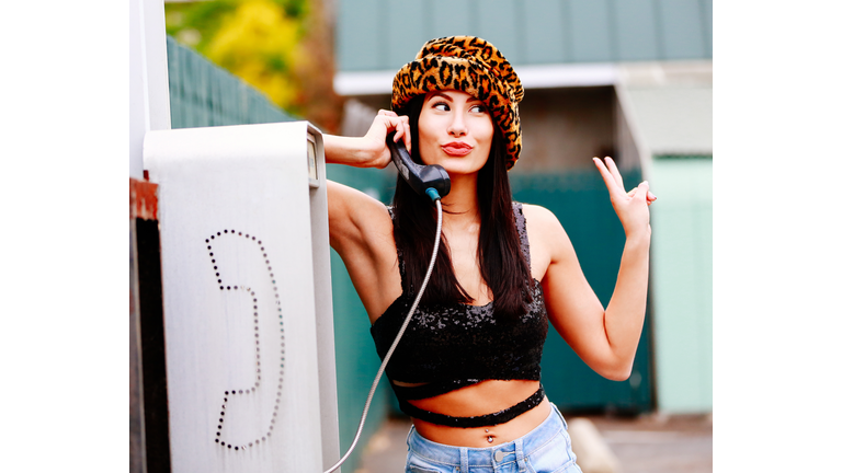 90s Woman Talking on Payphone, Cool Woman Saying Goodbye with Attitude