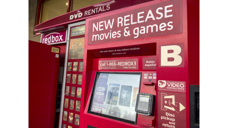 Angled, selective focus ona RedBox dvd and video game rental kiosk.