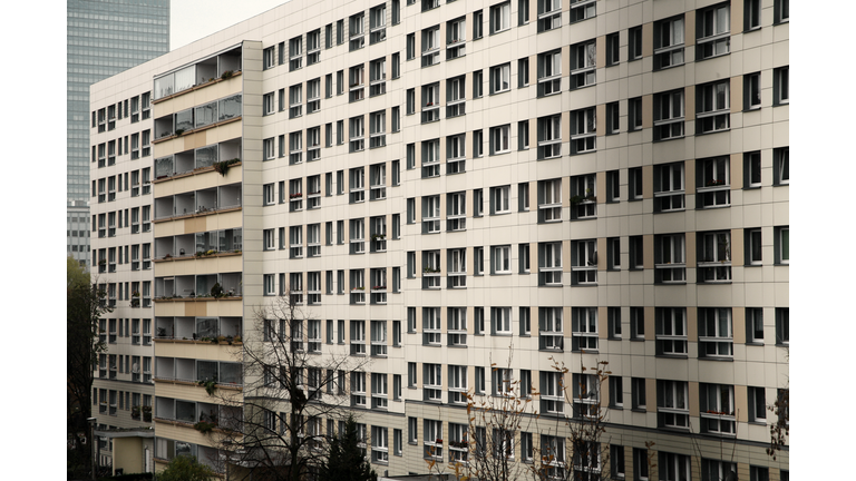 Facade of typical prefabricated concrete slab building (Plattenbau) in the center of East Berlin, Germany