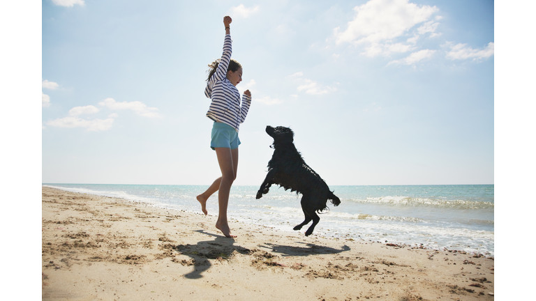 Girl playing with dog on beach