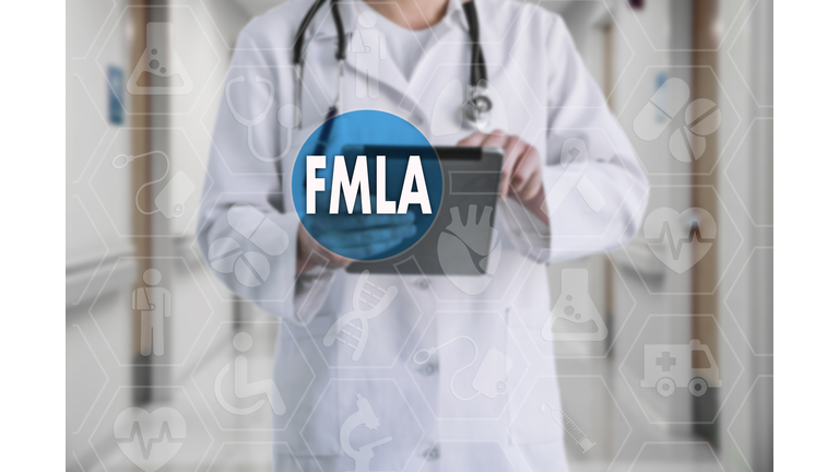 Family Medical Leave Act. FMLA on the touch screen with icons on the background blur medicine Doctor in hospital.Innovation treatment, service, health data analysis. Medical Healthcare Concept of Family Medical Leave Act, FMLA