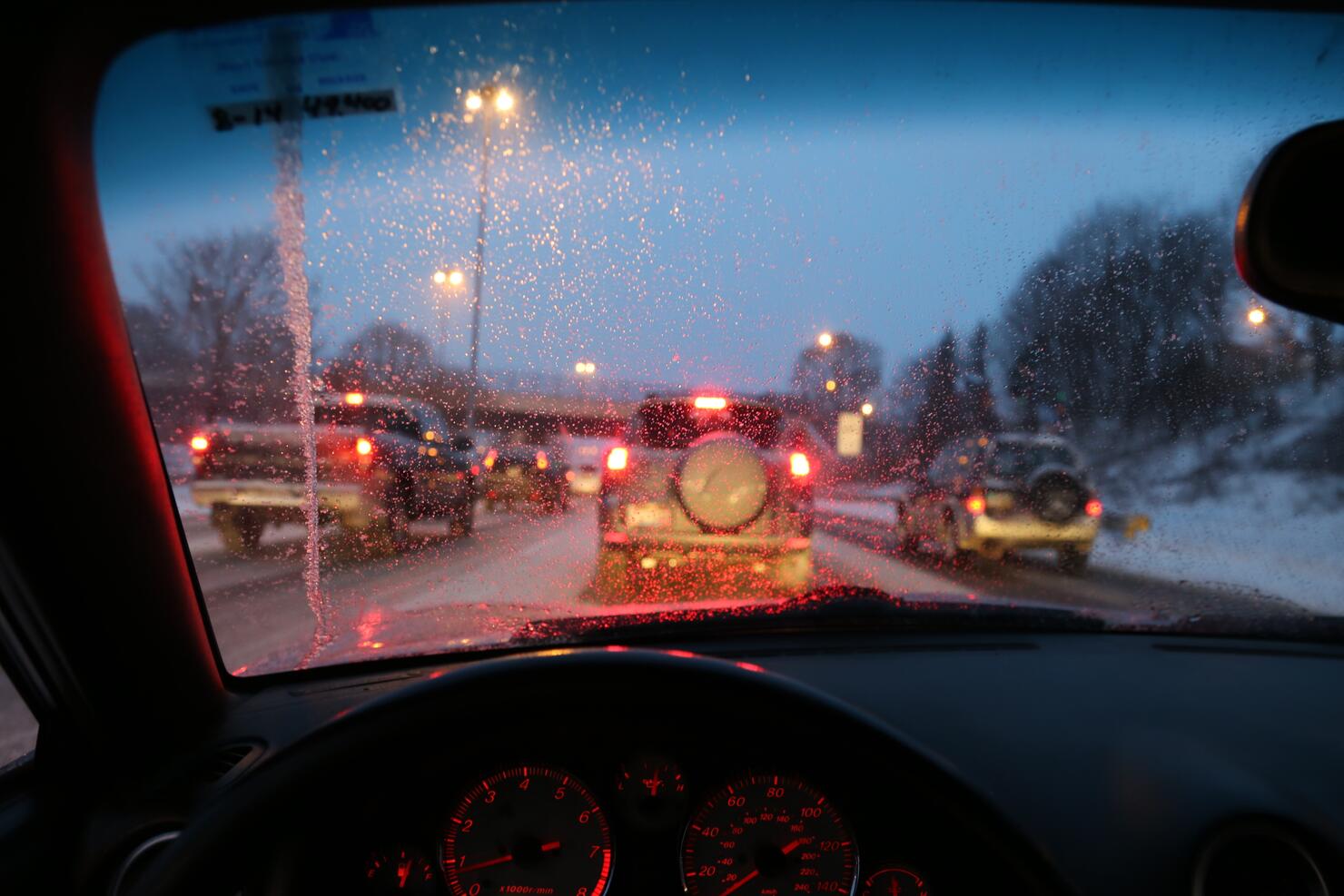 Stuck in a traffic jam on a winter day