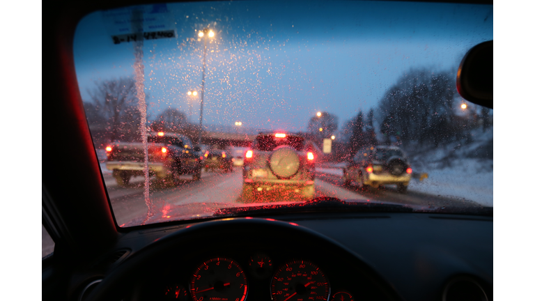 Stuck in a traffic jam on a winter day