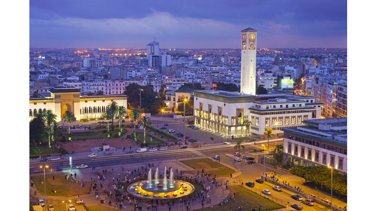 Place Mohammed V and city skyline, dusk