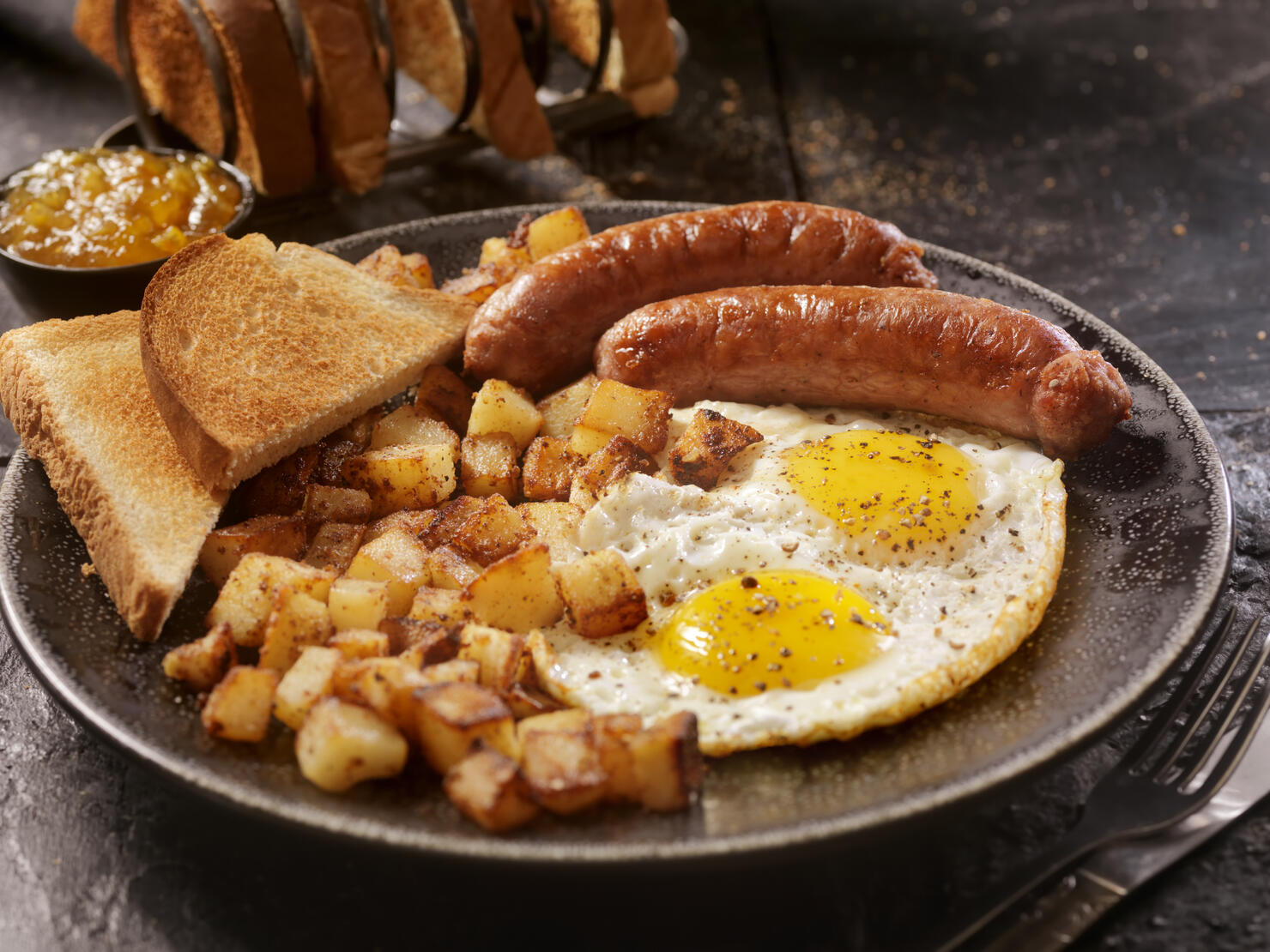 Breakfast with Sunny side up eggs and Sausage