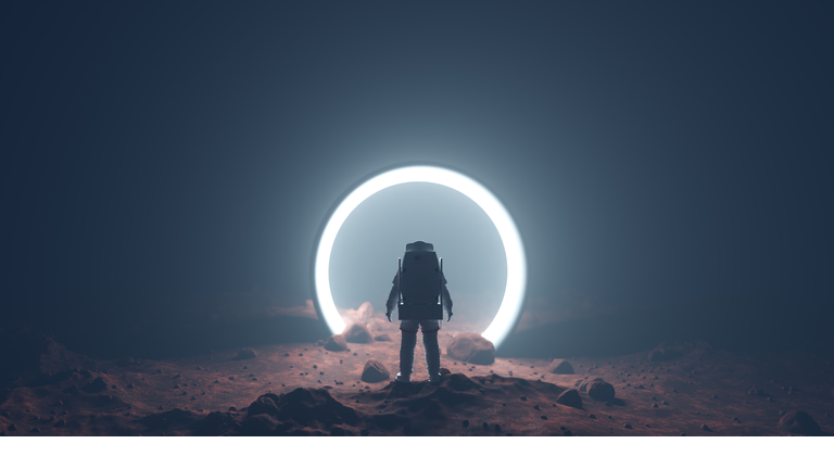 Astronaut on foreign planet in front of spacetime portal light