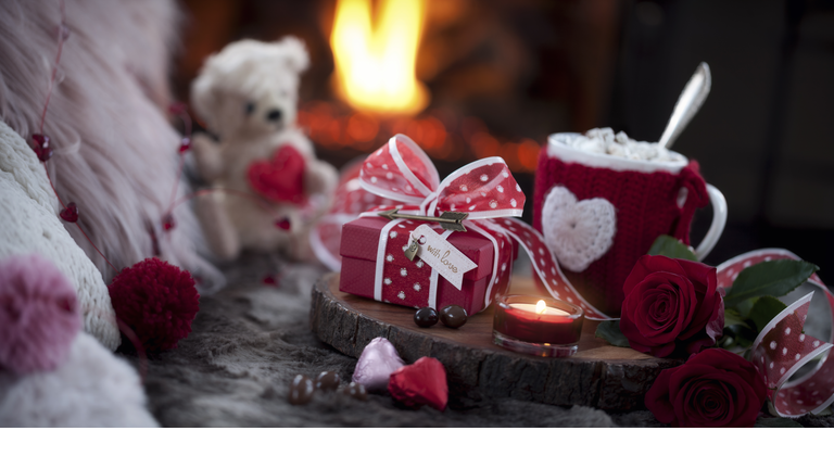 Valentine's Day Hot Chocolate and a Gift in Front of the Fireplace