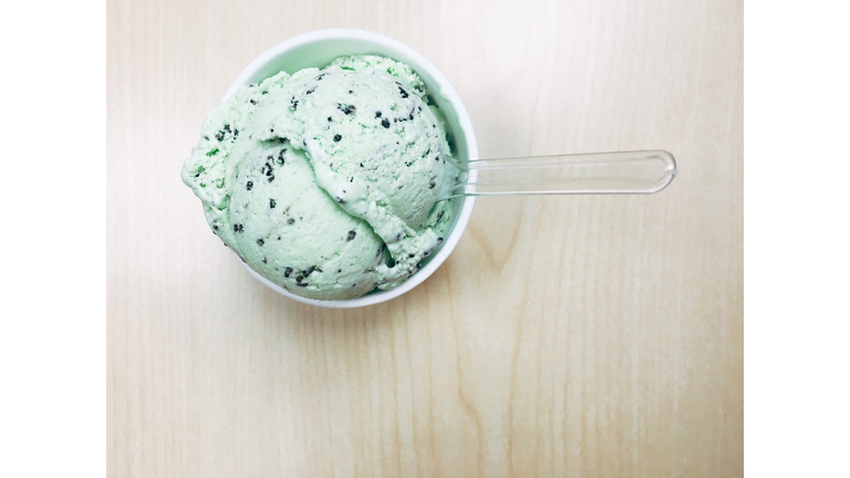 Directly Above Shot Of Mint Ice Cream In Bowl On Table