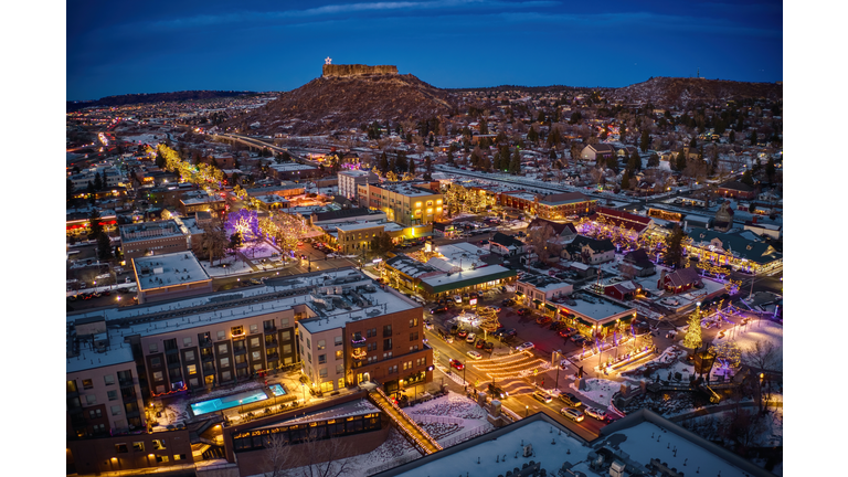 Aerial View of Castle Rock, Colorado with Christmas Lights at Dusk