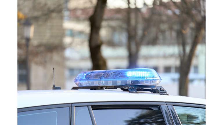 a close-up view of a police vehicle with blue lights patrolling near a public park with the windows and doors closed