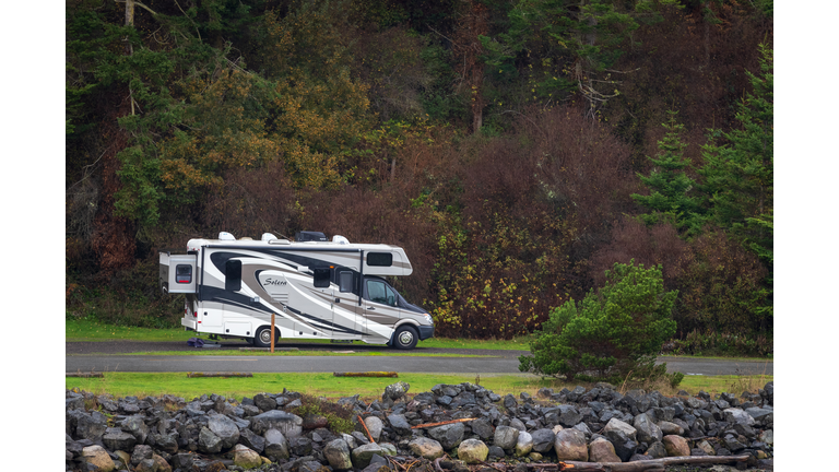 Class C RV at Campground on Whidbey Island Washington on a Rainy Fall Day