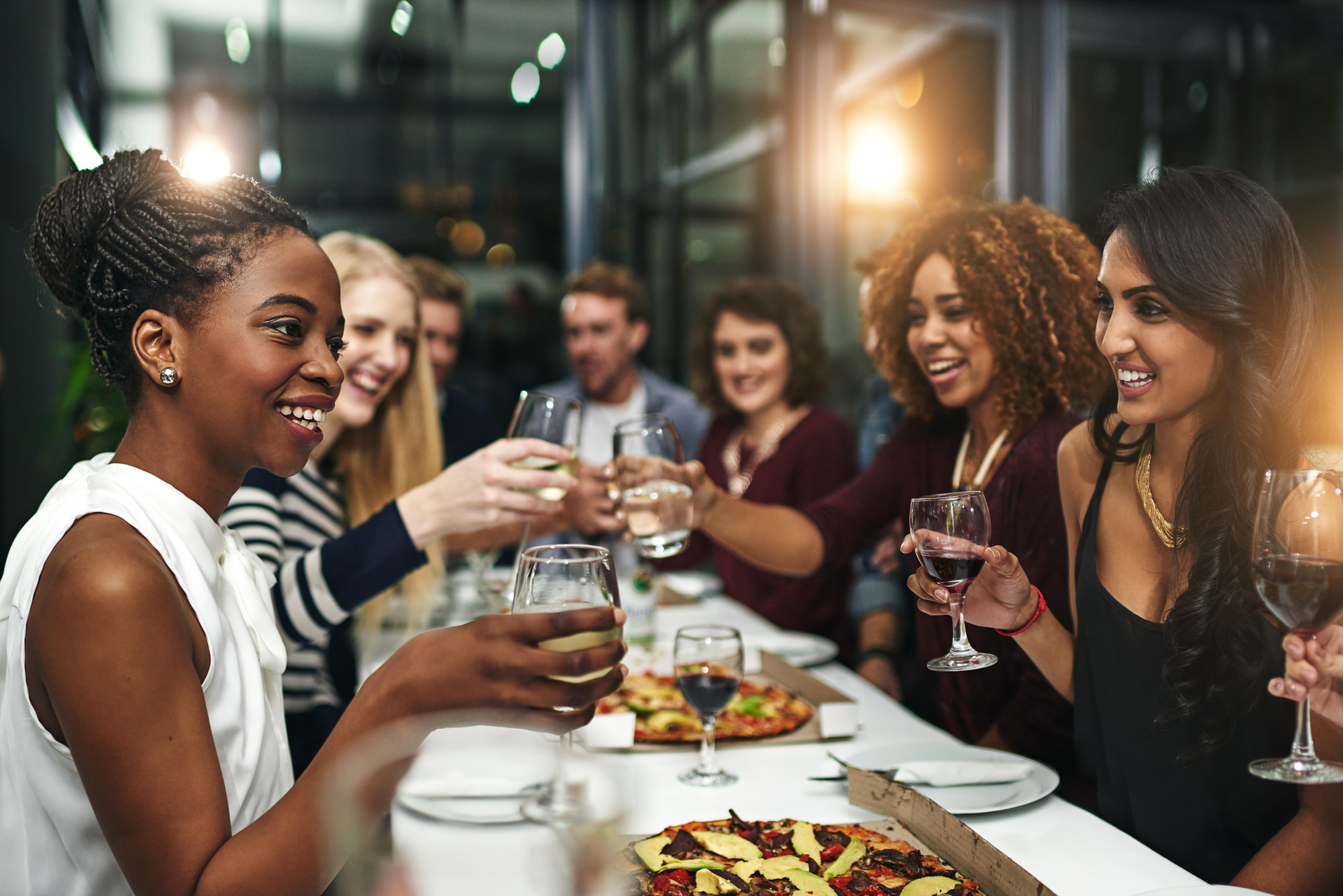 Pleasant person. Black people. Black people food. Friends at the Restaurant. Dinner Party.